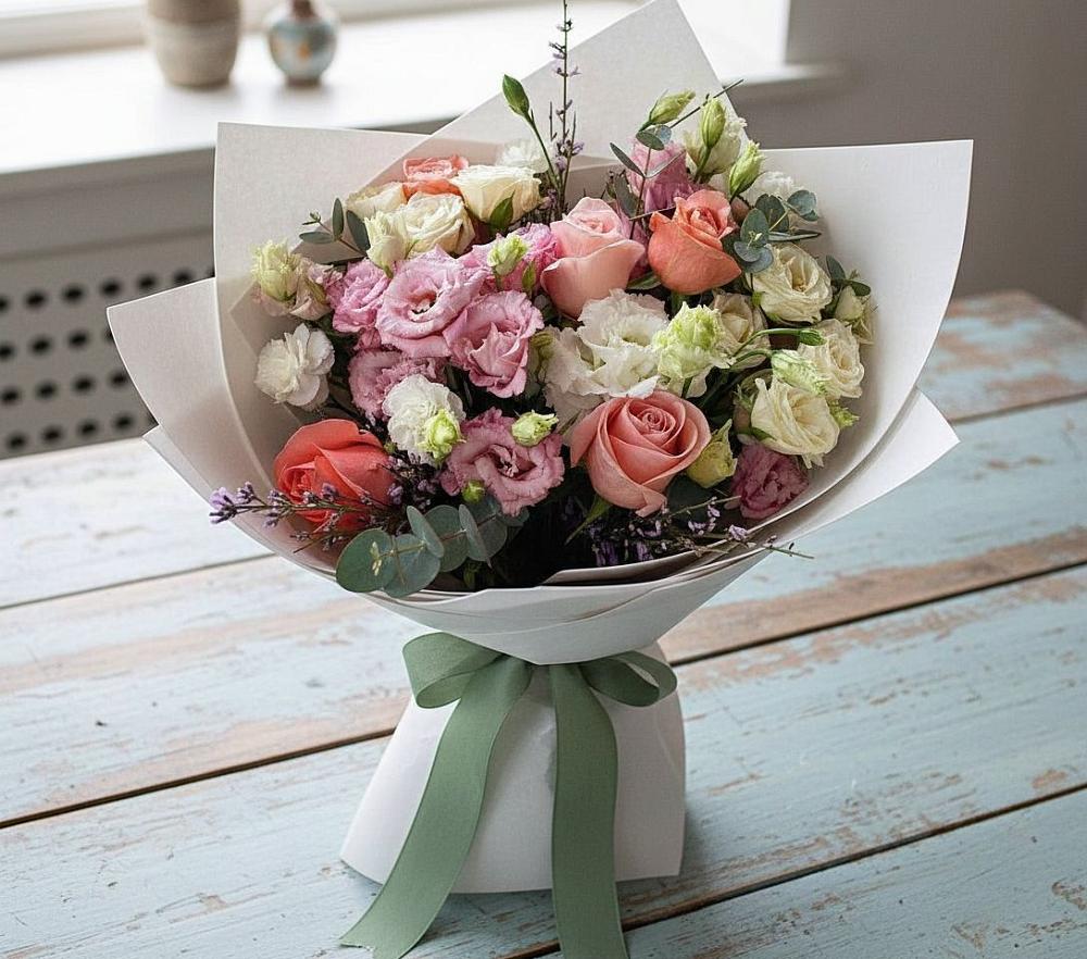 Букет цветов из: Розы, Лизиантусы и Гвоздики в Калитвенской