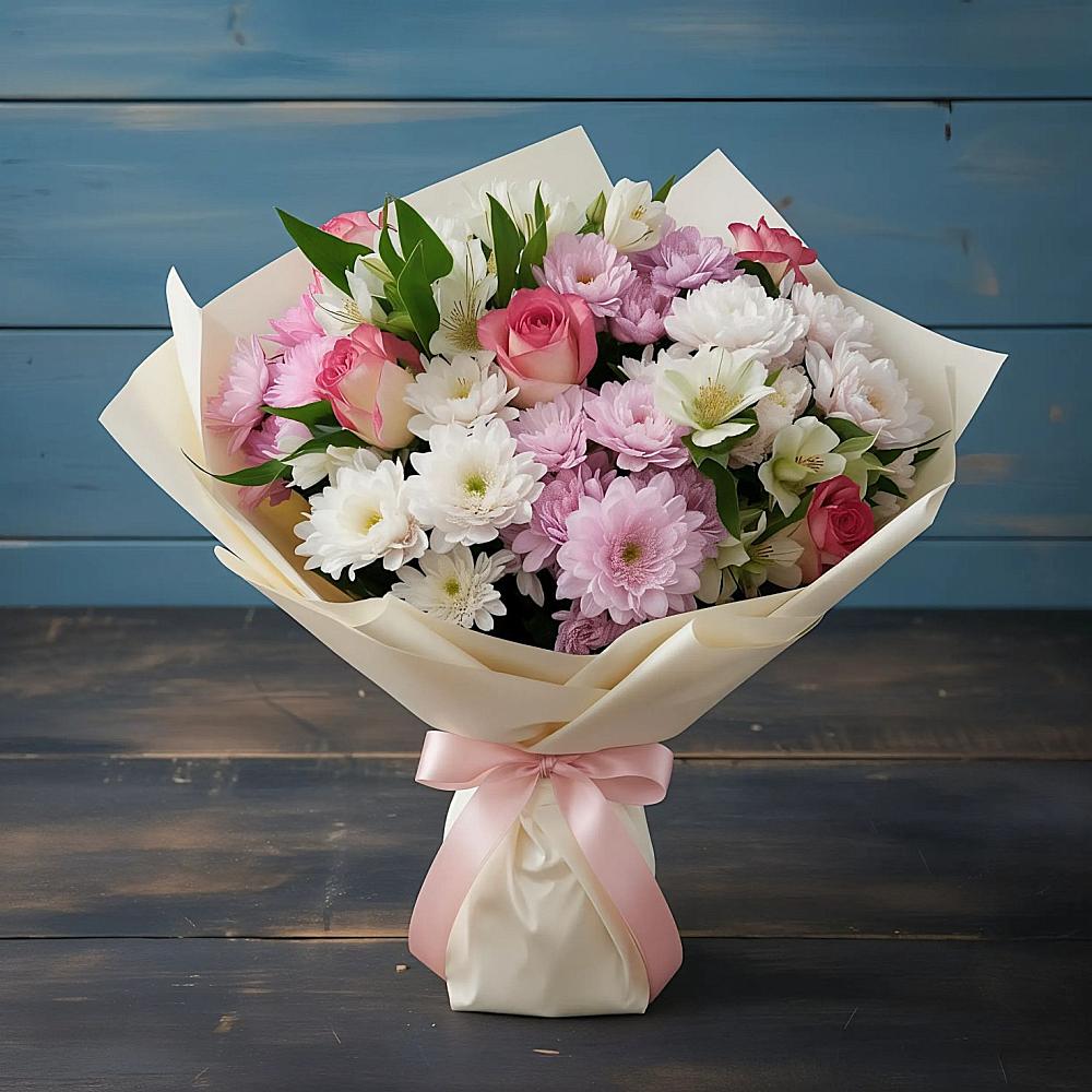 Букет цветов из: Хризантемы, Альстромерии и Розы в Калитвенской